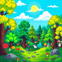 A vibrant and colorful pixel art scene depicting a magical forest, filled with pixelated trees in various shades of green, bright flowers in full bloom, and small, whimsical creatures peeking out from behind the foliage