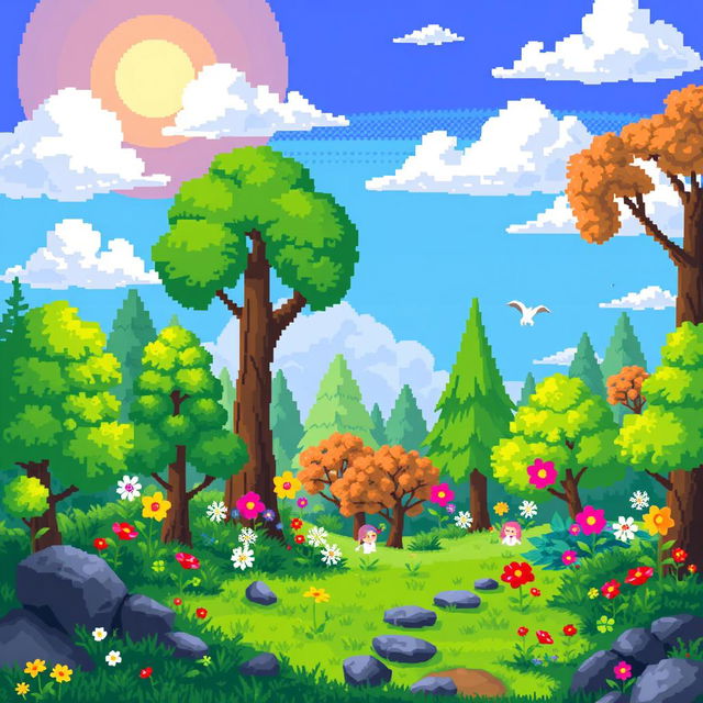 A vibrant and colorful pixel art scene depicting a magical forest, filled with pixelated trees in various shades of green, bright flowers in full bloom, and small, whimsical creatures peeking out from behind the foliage