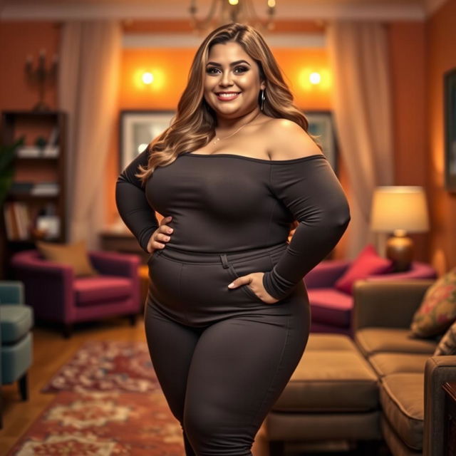 A full body portrait of a curvy woman posing confidently