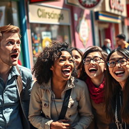 A diverse group of people displaying surprise and astonishment, their facial expressions vividly capturing various emotions such as shock, joy, and excitement