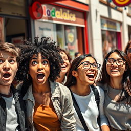 A diverse group of people displaying surprise and astonishment, their facial expressions vividly capturing various emotions such as shock, joy, and excitement