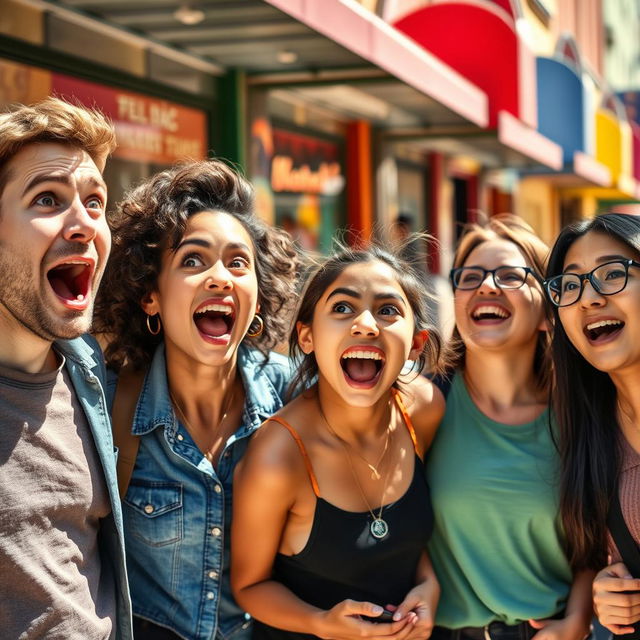 A diverse group of people displaying surprise and astonishment, their facial expressions vividly capturing various emotions such as shock, joy, and excitement