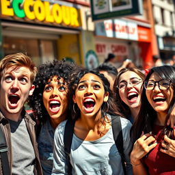 A diverse group of people displaying surprise and astonishment, their facial expressions vividly capturing various emotions such as shock, joy, and excitement