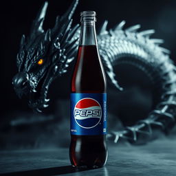 A sleek, shiny bottle of Pepsi in the foreground, showcasing its vibrant blue and red label, positioned against an intriguing black dragon background