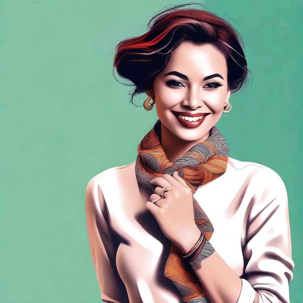 A digital art image showcasing a confident woman in a stylish outfit