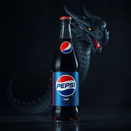 A sleek, shiny bottle of Pepsi in the foreground, showcasing its vibrant blue and red label, positioned against an intriguing black dragon background