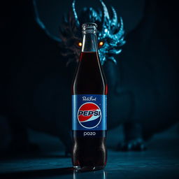 A sleek, shiny bottle of Pepsi in the foreground, showcasing its vibrant blue and red label, positioned against an intriguing black dragon background
