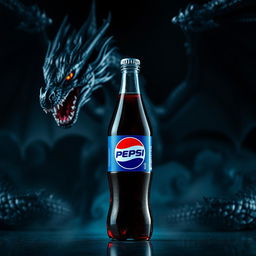 A sleek, shiny bottle of Pepsi in the foreground, showcasing its vibrant blue and red label, positioned against an intriguing black dragon background