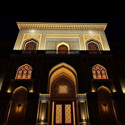 A stunning Iranian style building facade illuminated by night lighting, showcasing beautifully intricate tile work and arches