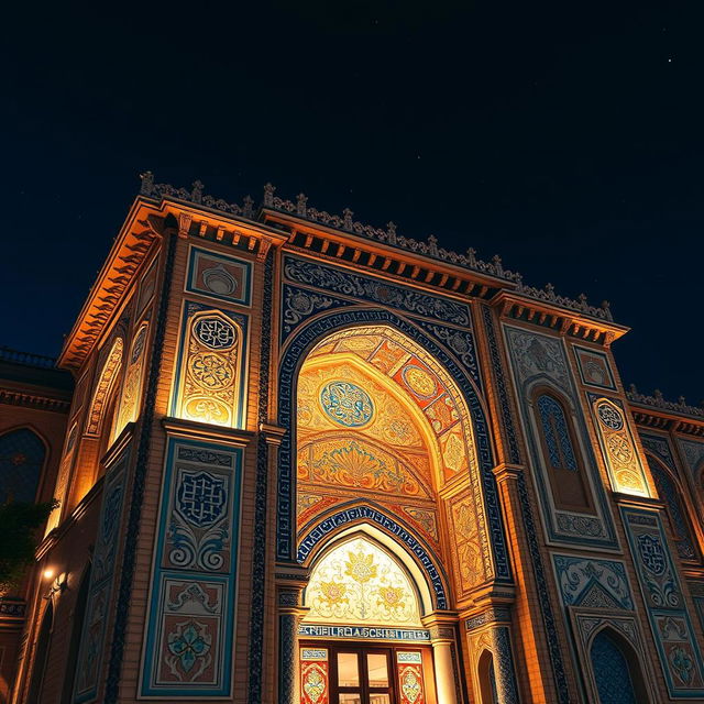 A stunning Iranian style building facade illuminated by night lighting, showcasing beautifully intricate tile work and arches