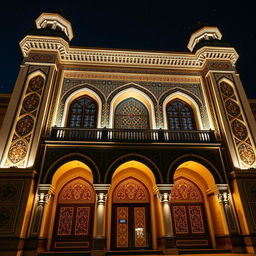 A stunning Iranian style building facade illuminated by night lighting, showcasing beautifully intricate tile work and arches