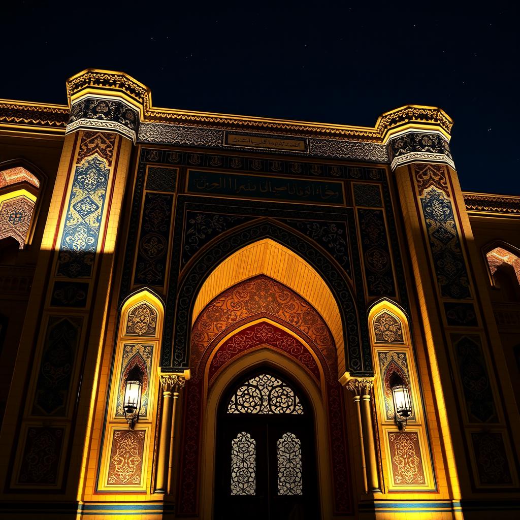 A stunning Iranian style building facade illuminated by night lighting, showcasing beautifully intricate tile work and arches