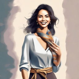 A digital art image showcasing a confident woman in a stylish outfit