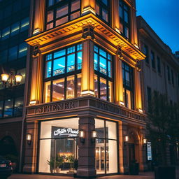 A beautifully illuminated building facade at night, showcasing intricate architectural details and vibrant lighting