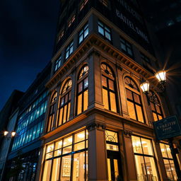 A beautifully illuminated building facade at night, showcasing intricate architectural details and vibrant lighting
