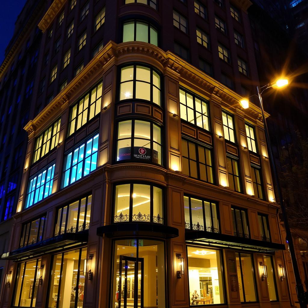 A beautifully illuminated building facade at night, showcasing intricate architectural details and vibrant lighting