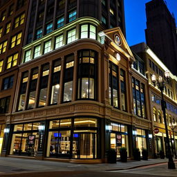 A beautifully illuminated building facade at night, showcasing intricate architectural details and vibrant lighting