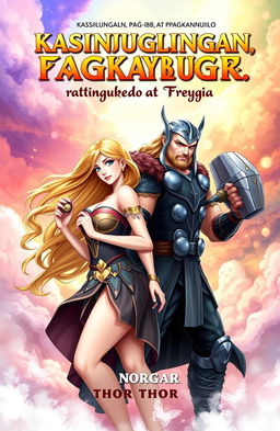 A captivating book cover design for 'Kasinungalingan, Pag-ibig, at Pagkakanulo Nina Thor at Freyja'