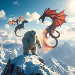 A majestic Yeti standing proudly on the snowy peak of a towering mountain, its thick fur glistening with frost under the bright sun