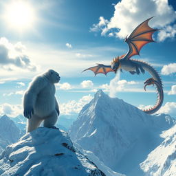 A majestic Yeti standing proudly on the snowy peak of a towering mountain, its thick fur glistening with frost under the bright sun