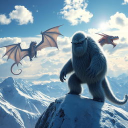 A majestic Yeti standing proudly on the snowy peak of a towering mountain, its thick fur glistening with frost under the bright sun