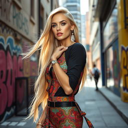 A glamorous fashion model photoshoot in a vibrant urban setting