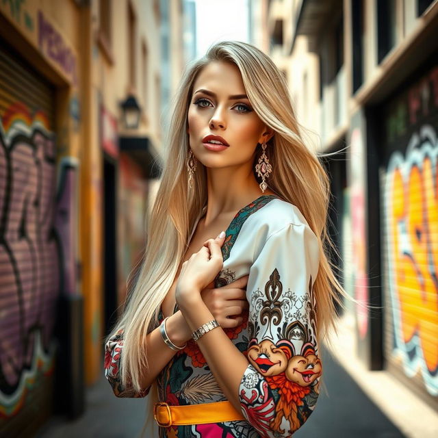 A glamorous fashion model photoshoot in a vibrant urban setting