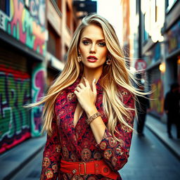 A glamorous fashion model photoshoot in a vibrant urban setting