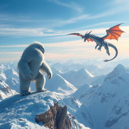 A majestic Yeti standing on the summit of a snow-covered mountain, gazing down at the breathtaking scene below