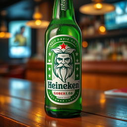 A stylized Heineken beer bottle, prominently featuring a modified logo that incorporates the image of Zeus, the Greek god, complete with a majestic beard and lightning bolts