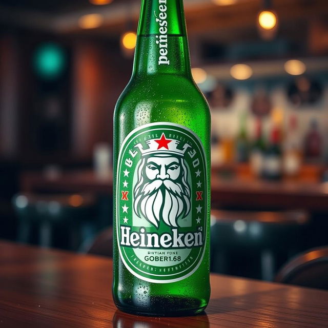 A stylized Heineken beer bottle, prominently featuring a modified logo that incorporates the image of Zeus, the Greek god, complete with a majestic beard and lightning bolts