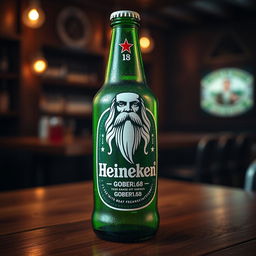 A stylized Heineken beer bottle, prominently featuring a modified logo that incorporates the image of Zeus, the Greek god, complete with a majestic beard and lightning bolts