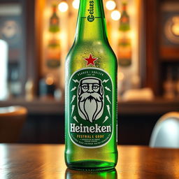 A stylized Heineken beer bottle, prominently featuring a modified logo that incorporates the image of Zeus, the Greek god, complete with a majestic beard and lightning bolts