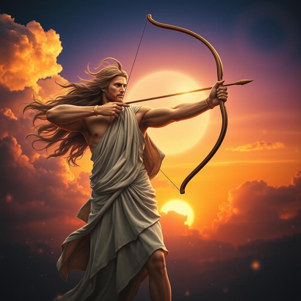 A beautiful image of Apollo, the Greek god of the sun, arts, and prophecy, standing majestically with his bow drawn, aiming toward the sky