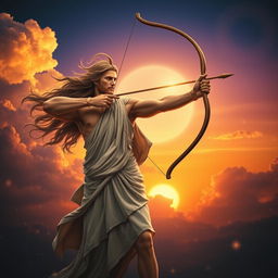 A beautiful image of Apollo, the Greek god of the sun, arts, and prophecy, standing majestically with his bow drawn, aiming toward the sky