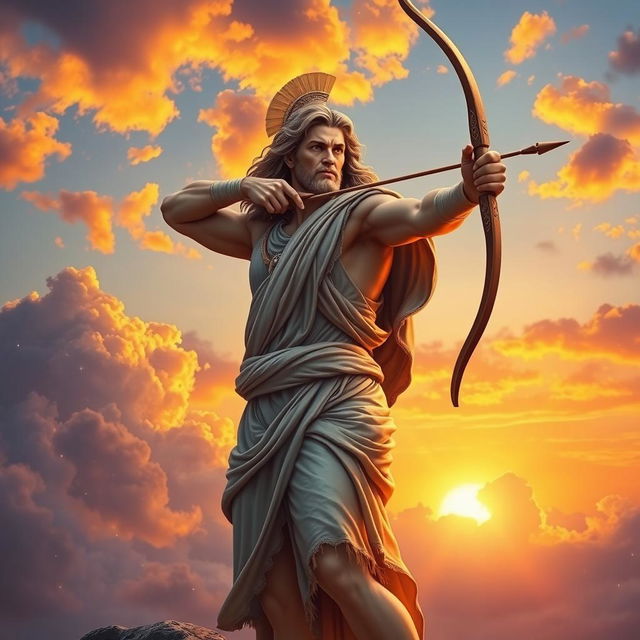 A beautiful image of Apollo, the Greek god of the sun, arts, and prophecy, standing majestically with his bow drawn, aiming toward the sky