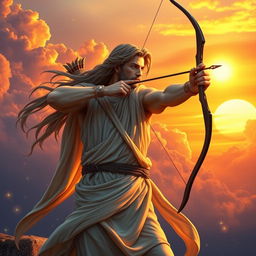 A beautiful image of Apollo, the Greek god of the sun, arts, and prophecy, standing majestically with his bow drawn, aiming toward the sky