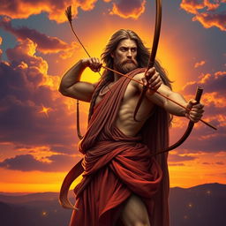 A beautiful image of Apollo, the Greek god of the sun, arts, and prophecy, standing majestically with his bow drawn, aiming toward the sky