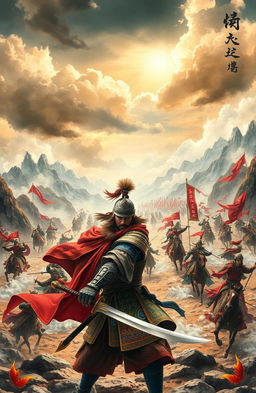 An epic scene depicting legendary figures from the Three Kingdoms era, featuring a dramatic battlefield setting