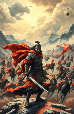 An epic scene depicting legendary figures from the Three Kingdoms era, featuring a dramatic battlefield setting