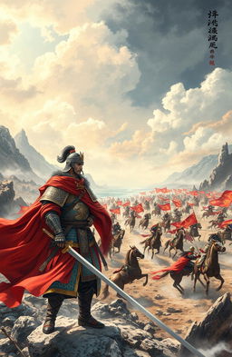An epic scene depicting legendary figures from the Three Kingdoms era, featuring a dramatic battlefield setting