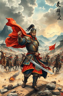 An epic scene depicting legendary figures from the Three Kingdoms era, featuring a dramatic battlefield setting