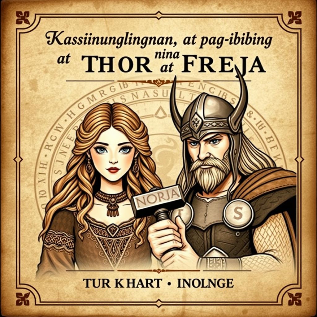 A vintage-inspired book cover design for 'Kasinungalingan, Pag-ibig, at Pagkakanulo Nina Thor at Freyja'