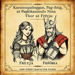 A vintage-inspired book cover design for 'Kasinungalingan, Pag-ibig, at Pagkakanulo Nina Thor at Freyja'