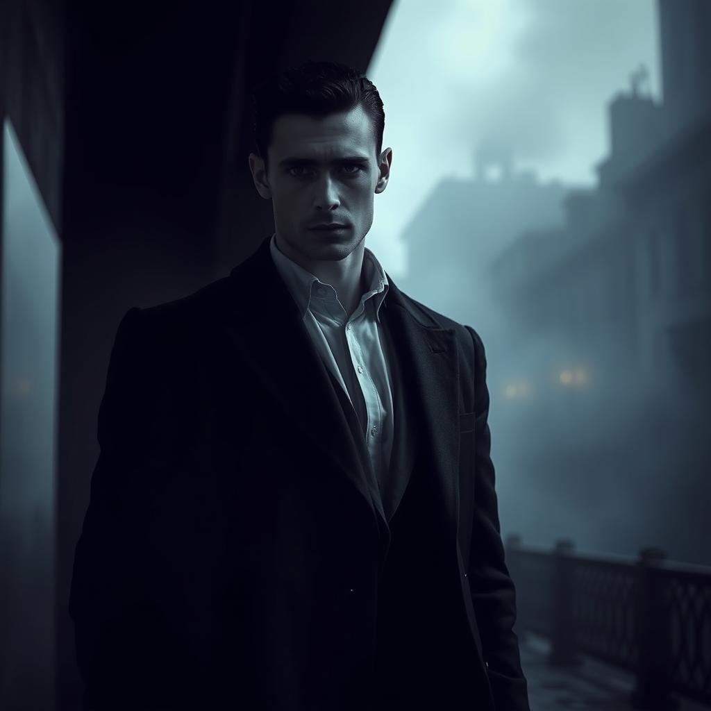 A dark romance scene featuring a mysterious and alluring grey man with an enigmatic expression, standing in a shadowy environment