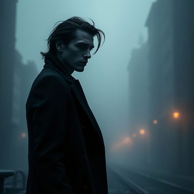 A dark romance scene featuring a mysterious and alluring grey man with an enigmatic expression, standing in a shadowy environment