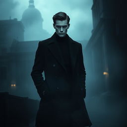 A dark romance scene featuring a mysterious and alluring grey man with an enigmatic expression, standing in a shadowy environment