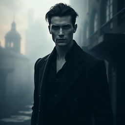 A dark romance scene featuring a mysterious and alluring grey man with an enigmatic expression, standing in a shadowy environment