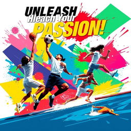 A dynamic and vibrant sports poster featuring various athletes engaged in different sports activities