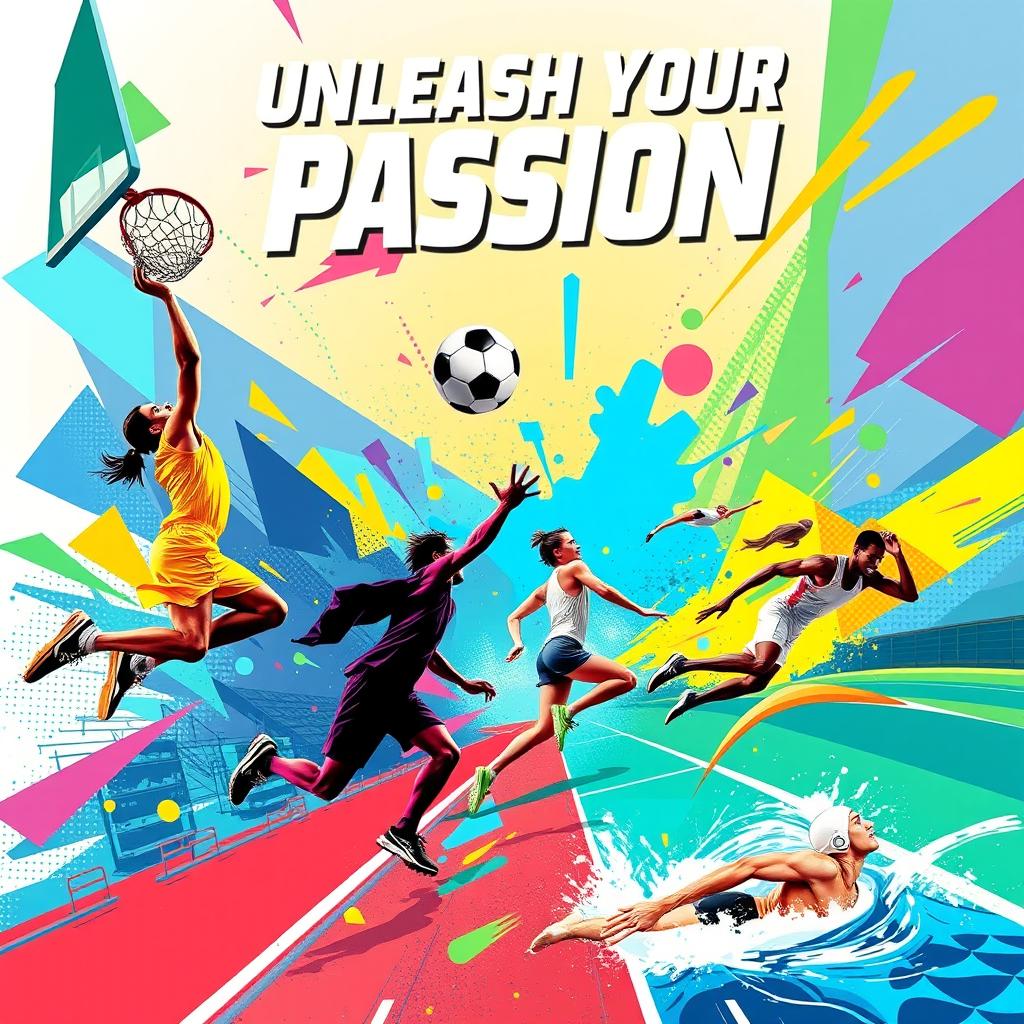 A dynamic and vibrant sports poster featuring various athletes engaged in different sports activities